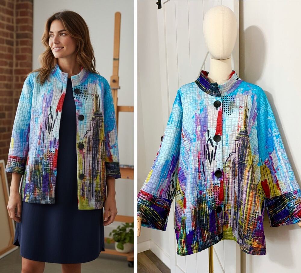 ALI MILES Woman Size 3X Quilted City Multicolor Art To Wear Wired Collar Jacket